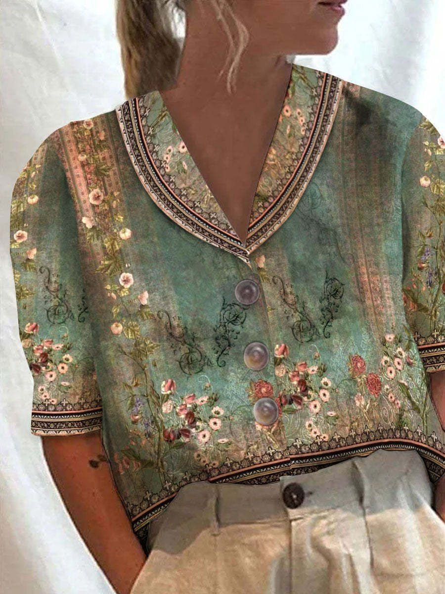 Women's Stand Collar Button Casual Half-sleeve Cotton And Linen Printed Short-sleeved Shirt view 18