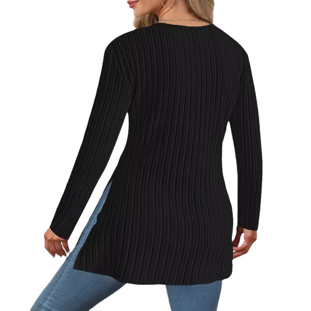 Long Sleeve Solid Color And V-neck Leisure Pajamas Sunken Stripe Top view 5