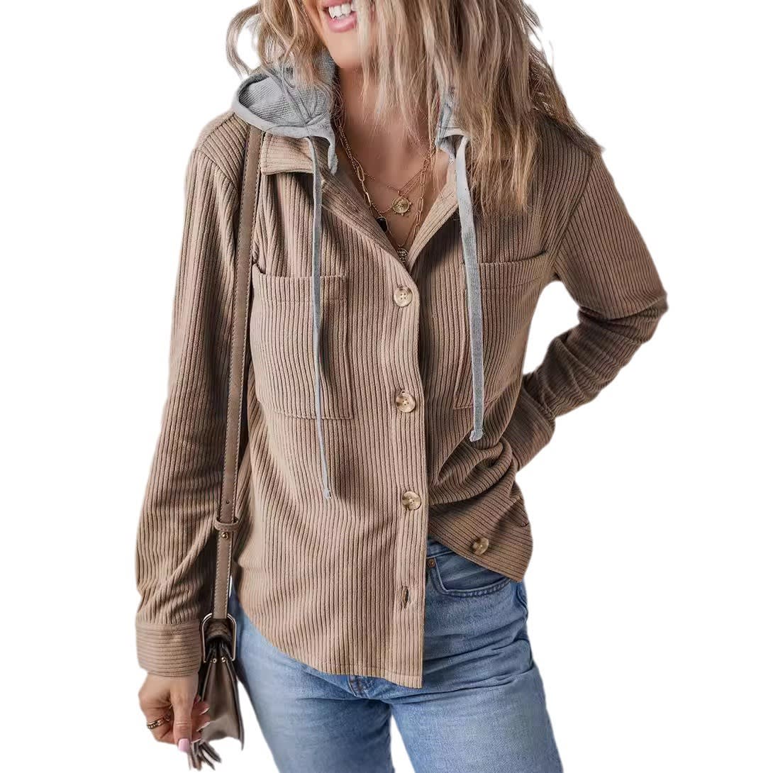 Lapel Buckle Cardigan Pouch Hooded Drawstring Striped Coat view 2