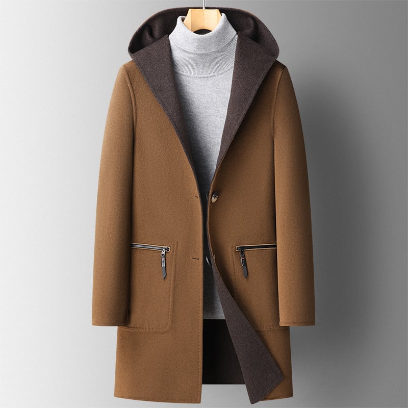 Fall Winter Hooded Double-sided Wear Wool Overcoat Men's Mid-length view 5