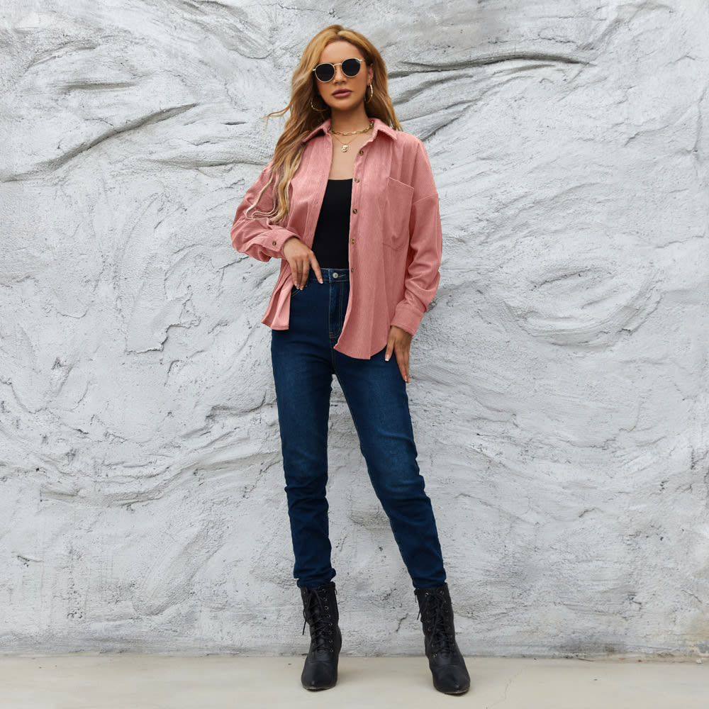 Corduroy Women's American Loose Jacket Coat Solid Color Shirt view 4