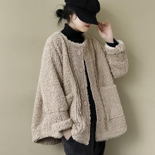 Artistic Retro Loose Long Sleeve Warm Coat Lambswool view 6