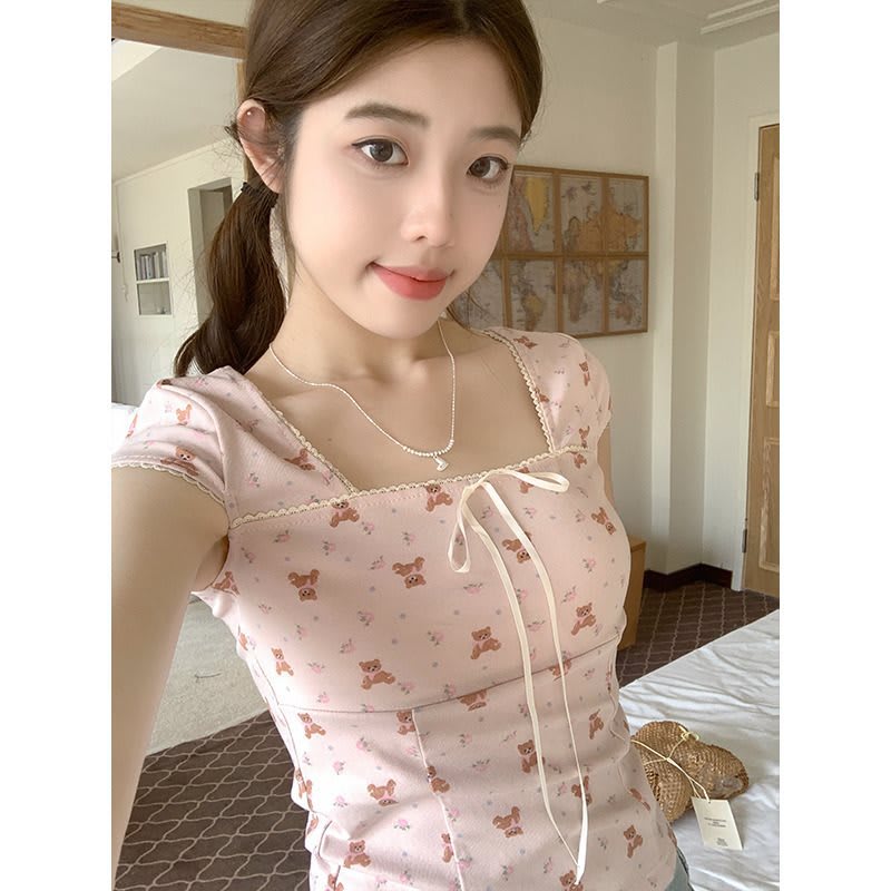 Women's Summer Slim Fit Niche Chic Square Collar Short Sleeve T-shirt Top view 2