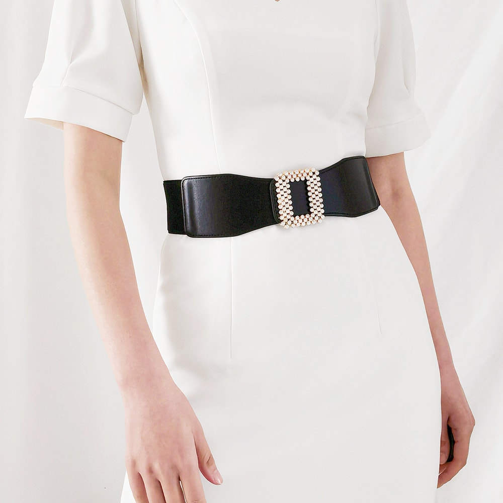 Elastic Female Black Rhinestone Square Buckle Elastic Waistband view 5