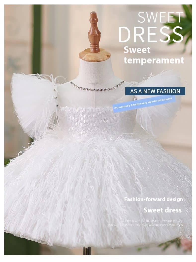 Girls Sequins White Flying Sleeves Feather Dress view 4