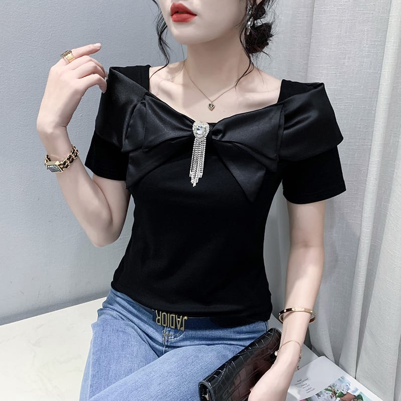 Women's Design Sense Three-dimensional Bow Waist Slimming Temperament Wild Short Sleeve view 5