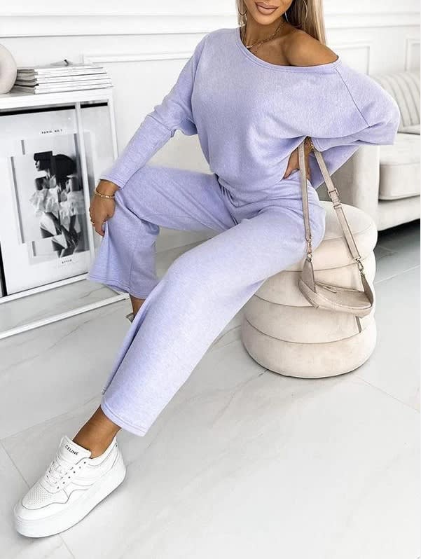 Solid Color Fashion Casual Slant Shoulder Sports Trousers Long-sleeved Suit view 2