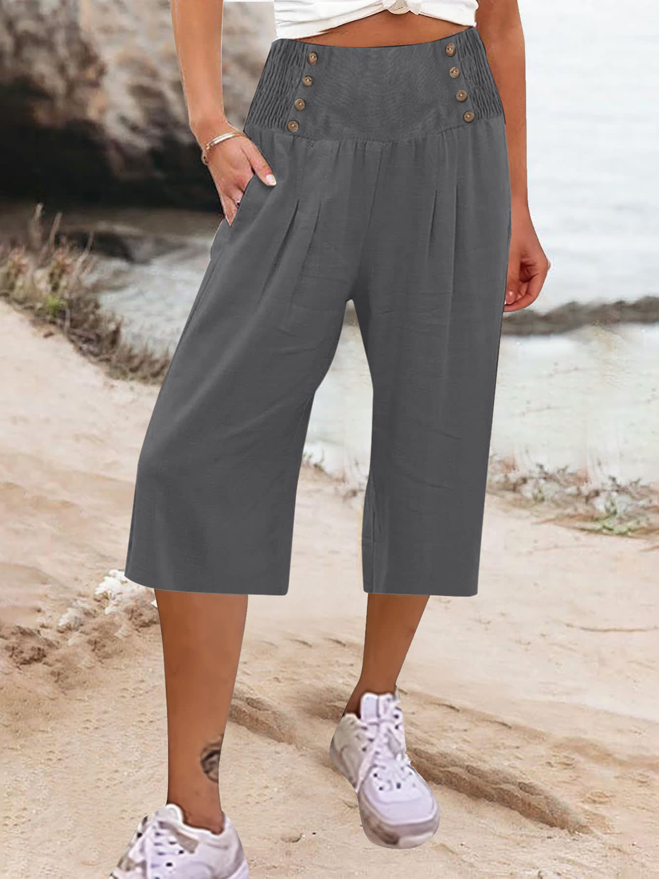 Women's Cotton And Linen Solid Color Buttons Loose Casual Cropped Pants view 3