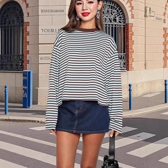 Casual Loose All-match Retro Contrast Color Striped Long-sleeved Top view 9