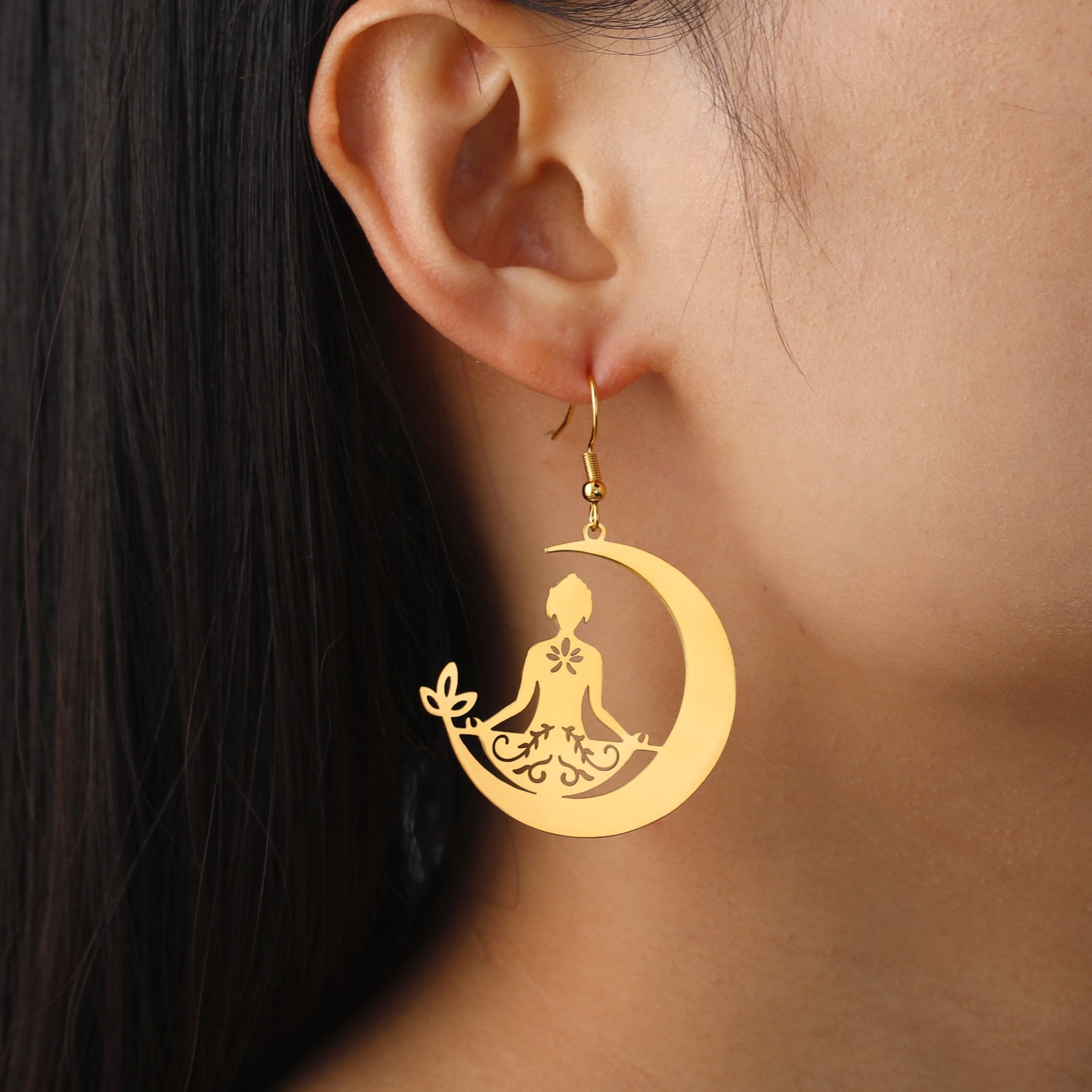 Yoga Moon Earrings Stainless Steel Meditation view 7