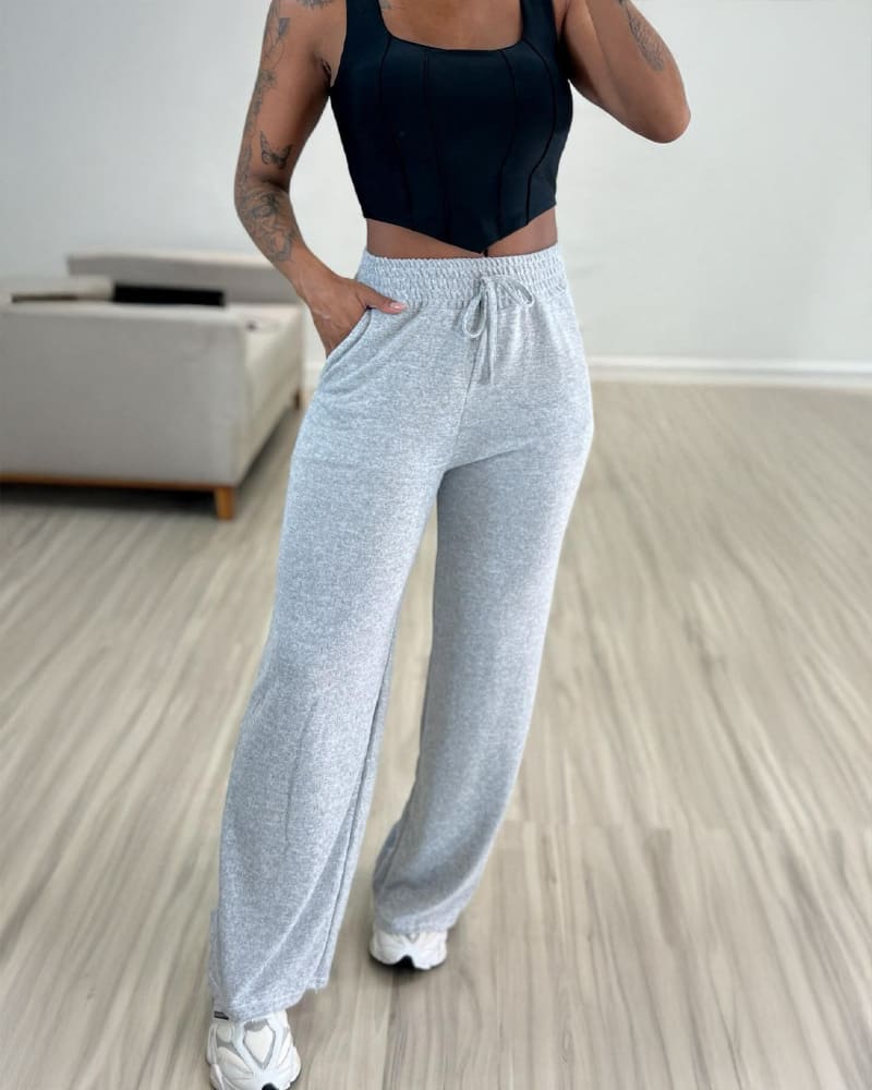 Solid Color High Waist Lace-up Elastic Waist Trimming Casual Trousers view 4