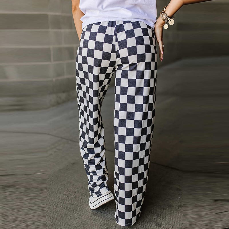 Spring New Chessboard Plaid Printed Casual All-match Loose Wide-leg Pants view 5