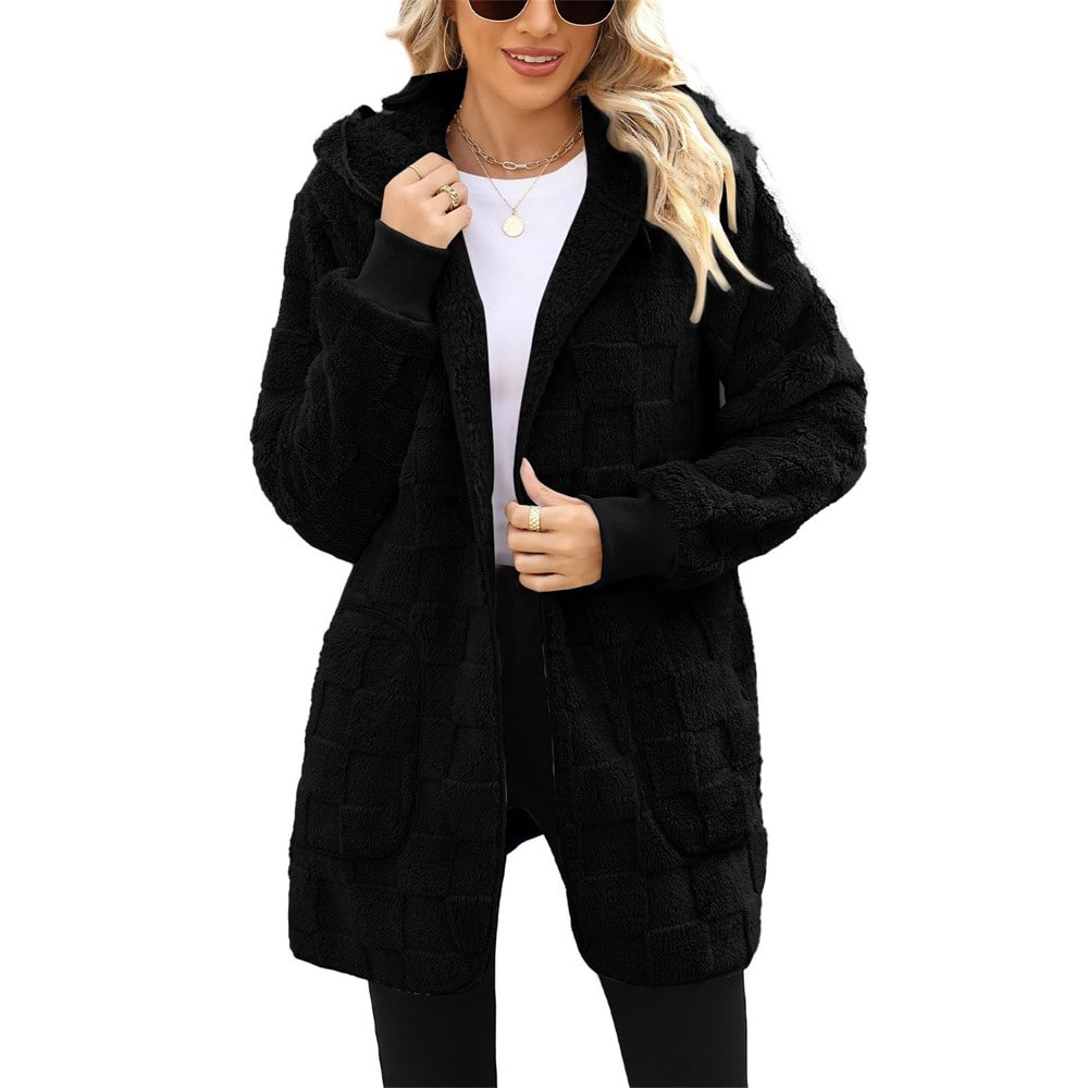 Cardigan Plaid Jacquard Hooded Pocket Plush Cardigan Jacket view 9