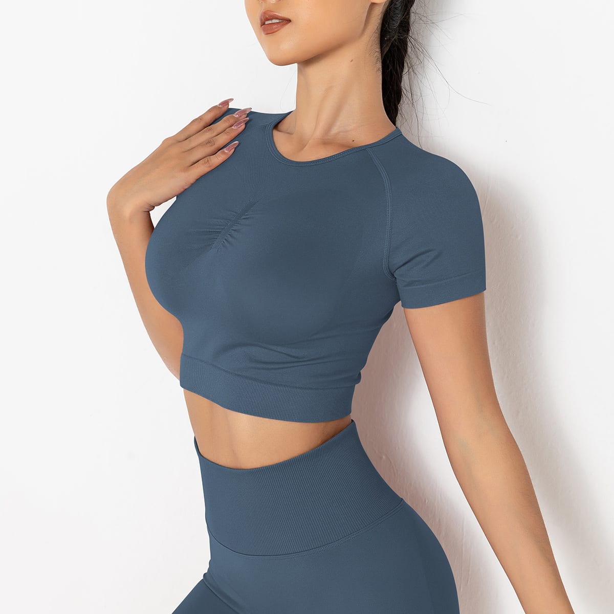 Seamless Knitted Solid Color Chest T-shirt Sports Running Fitness Yoga Wear Short-sleeved Top For Women view 3