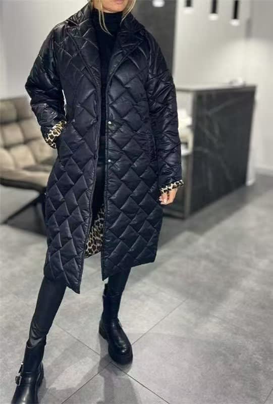Winter Rhombus Stitching Coat Warm Solid Color Pocket Lapel Long Jacket Women's Clothing view 2