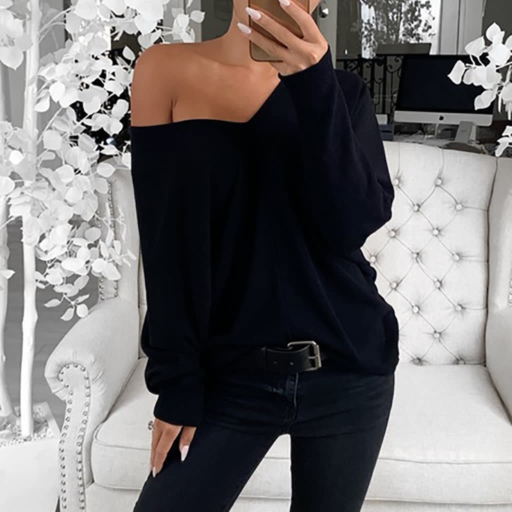 V-neck Lapsed Sleeves Loose Long-sleeved Top T-shirt For Women view 8