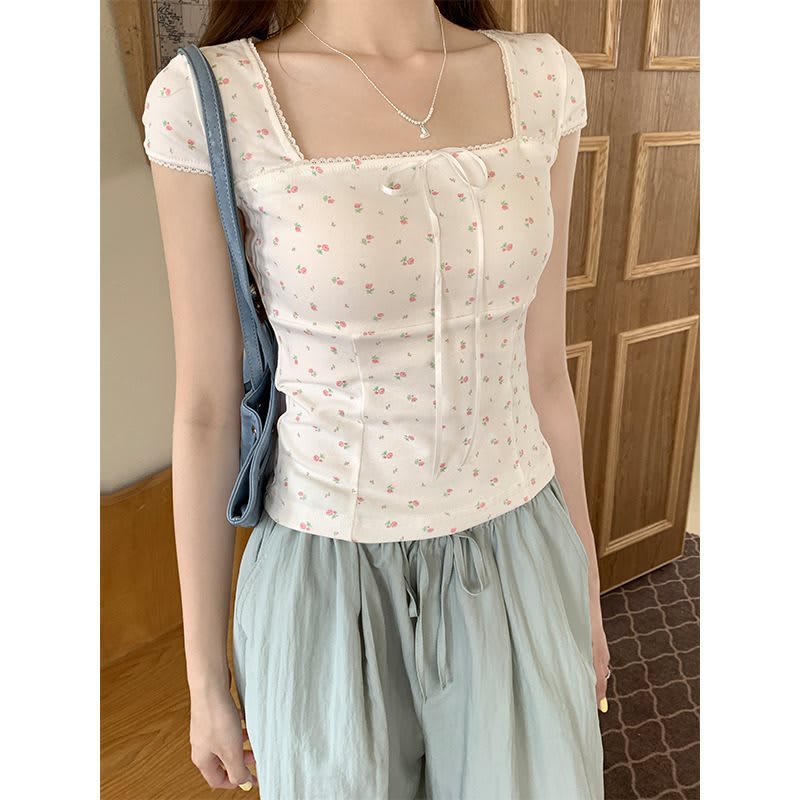 Women's Summer Slim Fit Niche Chic Square Collar Short Sleeve T-shirt Top view 6