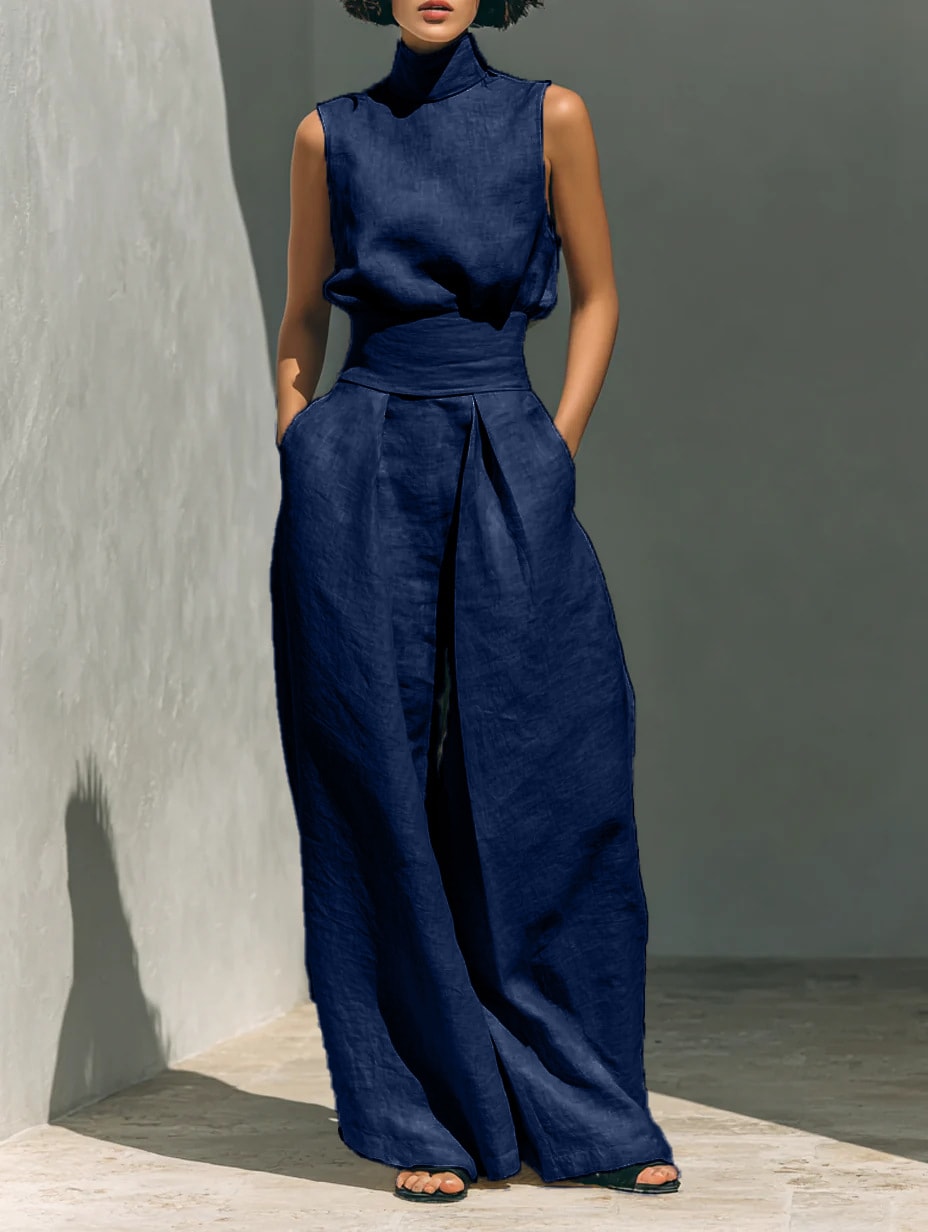 Casual Sleeveless Suit Summer Stand-up Collar Pullover Top And Loose Straight-leg Trousers Women's Clothing view 11