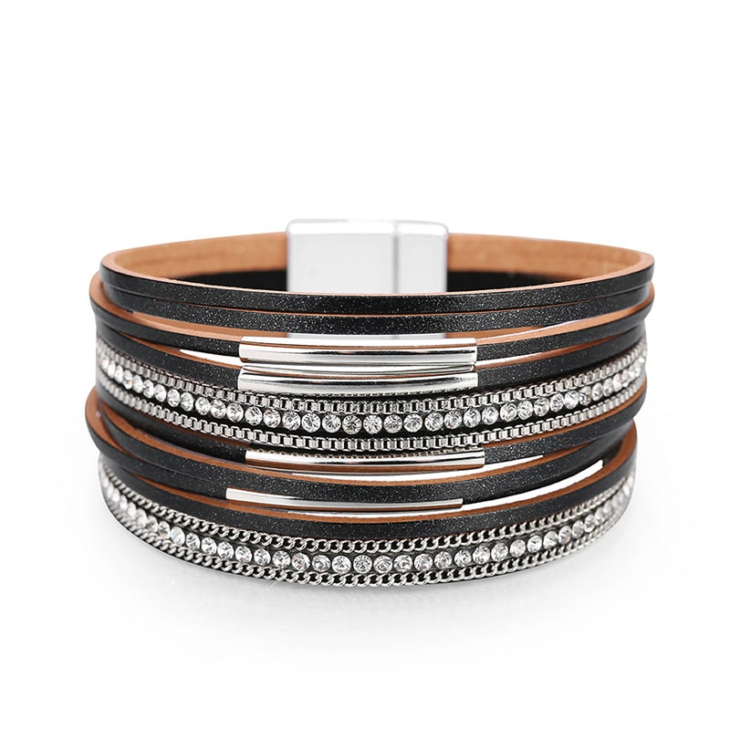 Multi-layer Genuine Leather Slim Chain Copper Tube Stick-on Crystals Bracelet view 7