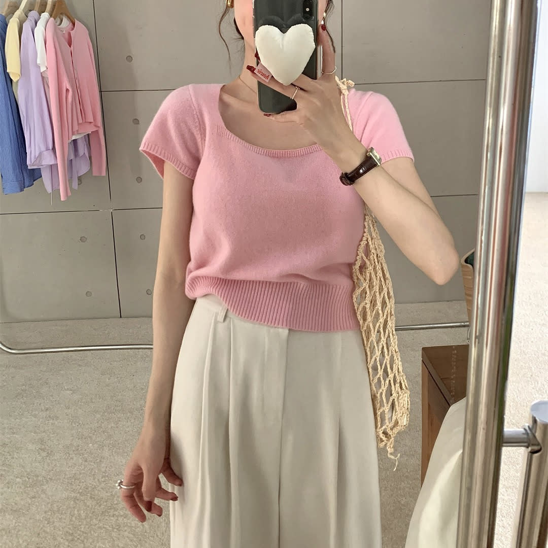 Solid Color Fashion Temperament Square Collar Pullover Short Sleeve Sweater