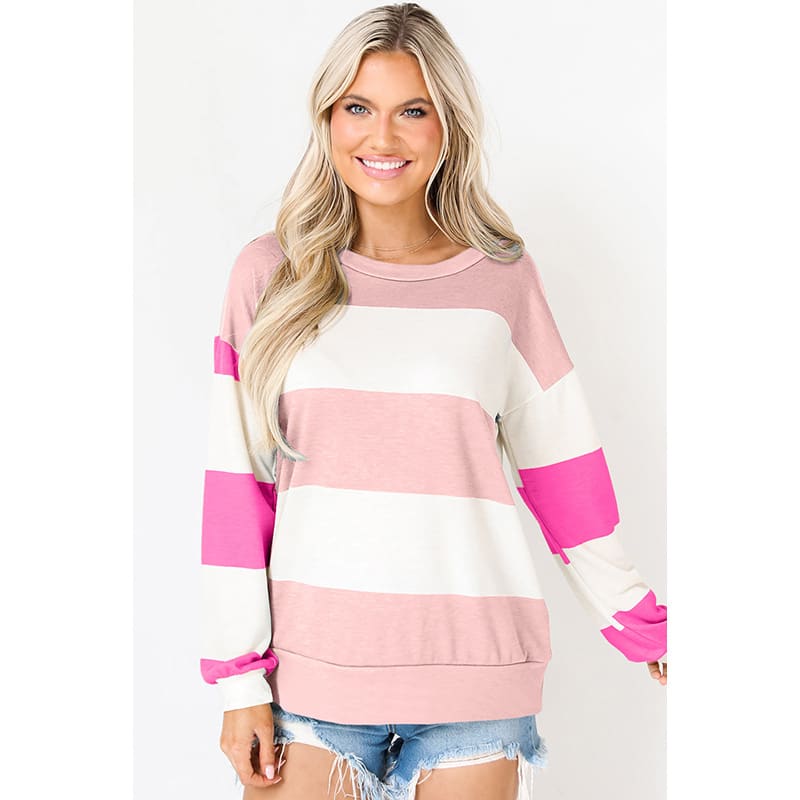 Spring Striped Drop-shoulder Long-sleeve Color Contrast Patchwork Pullover view 4