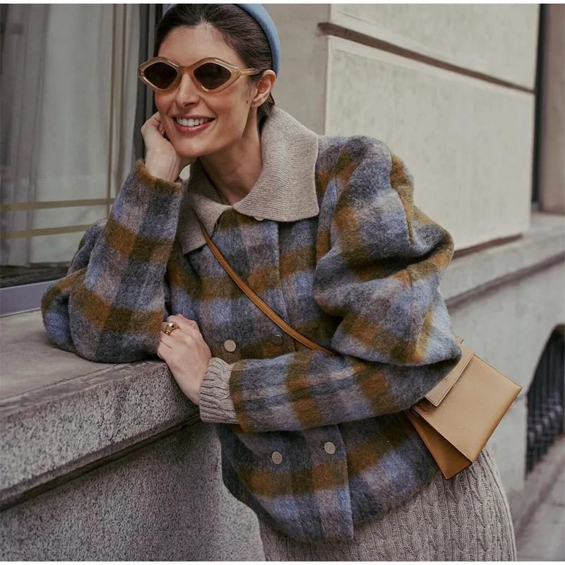 Women's Retro Contrast Color Check Coat view 5
