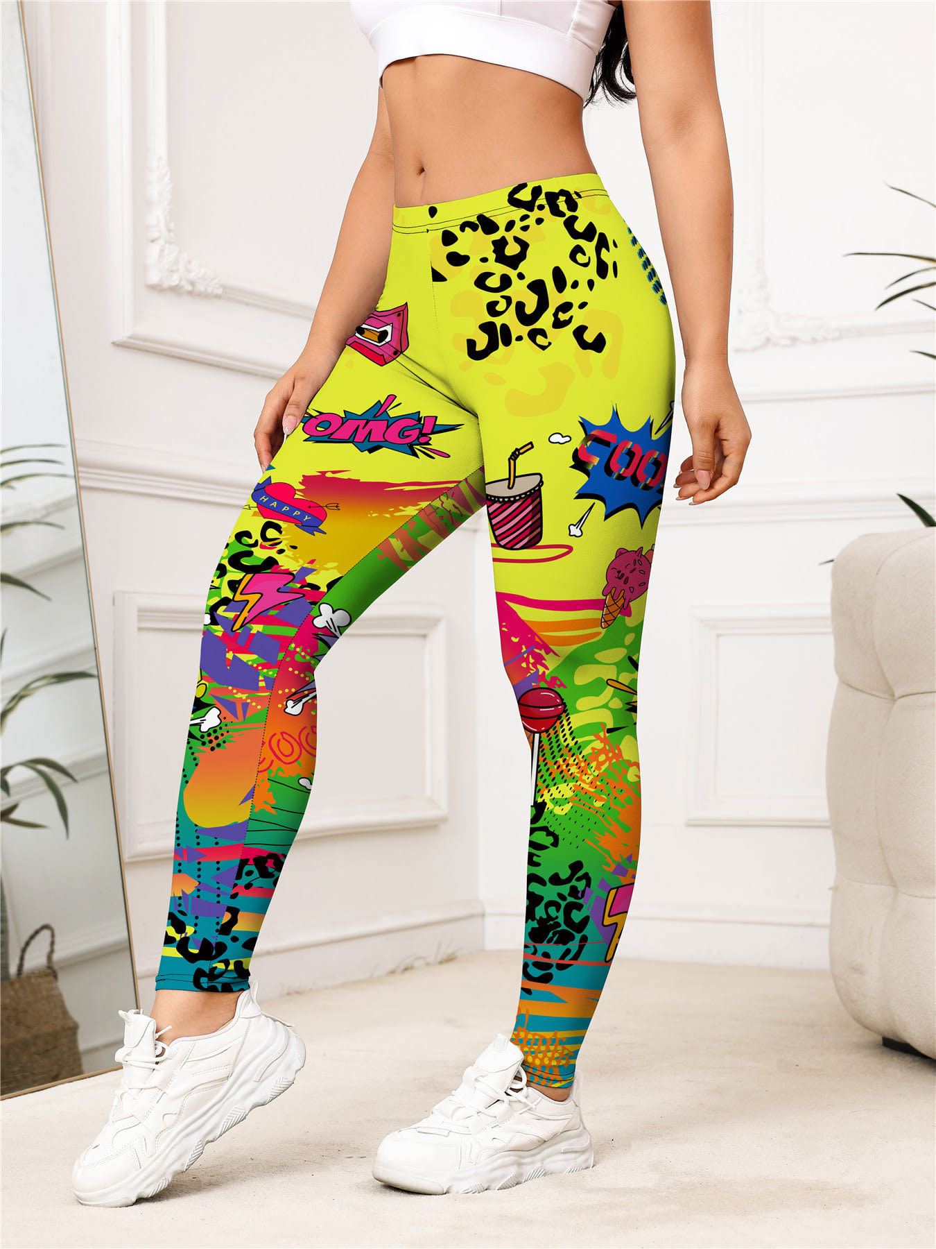 Yellow Cartoon Printed Sports Slim-fitting Leggings view 10
