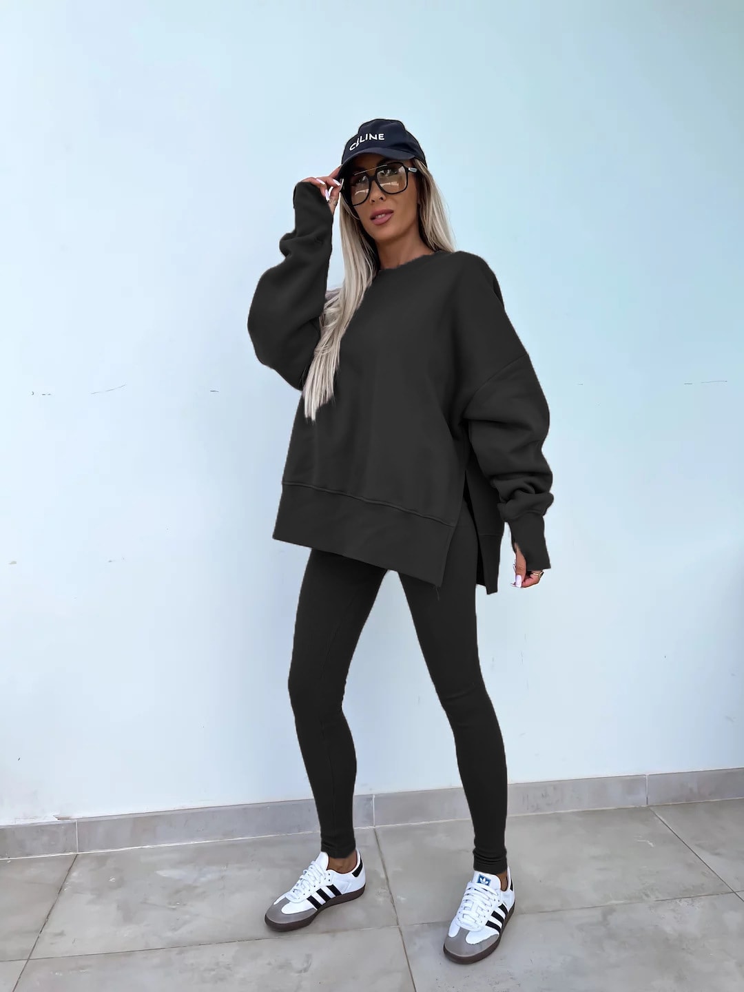 Sweater Suit Women's Casual Loose Long Sleeve Crew Neck Split Top Tight Trousers view 40
