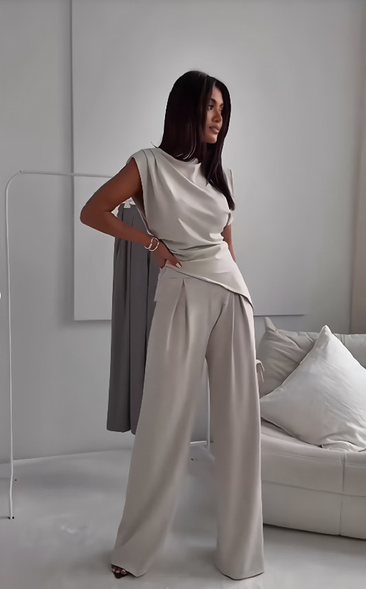Women's Sleeveless Suit Fashion Slim Irregular Split Top And Straight Pants Solid Trouser Set view 7