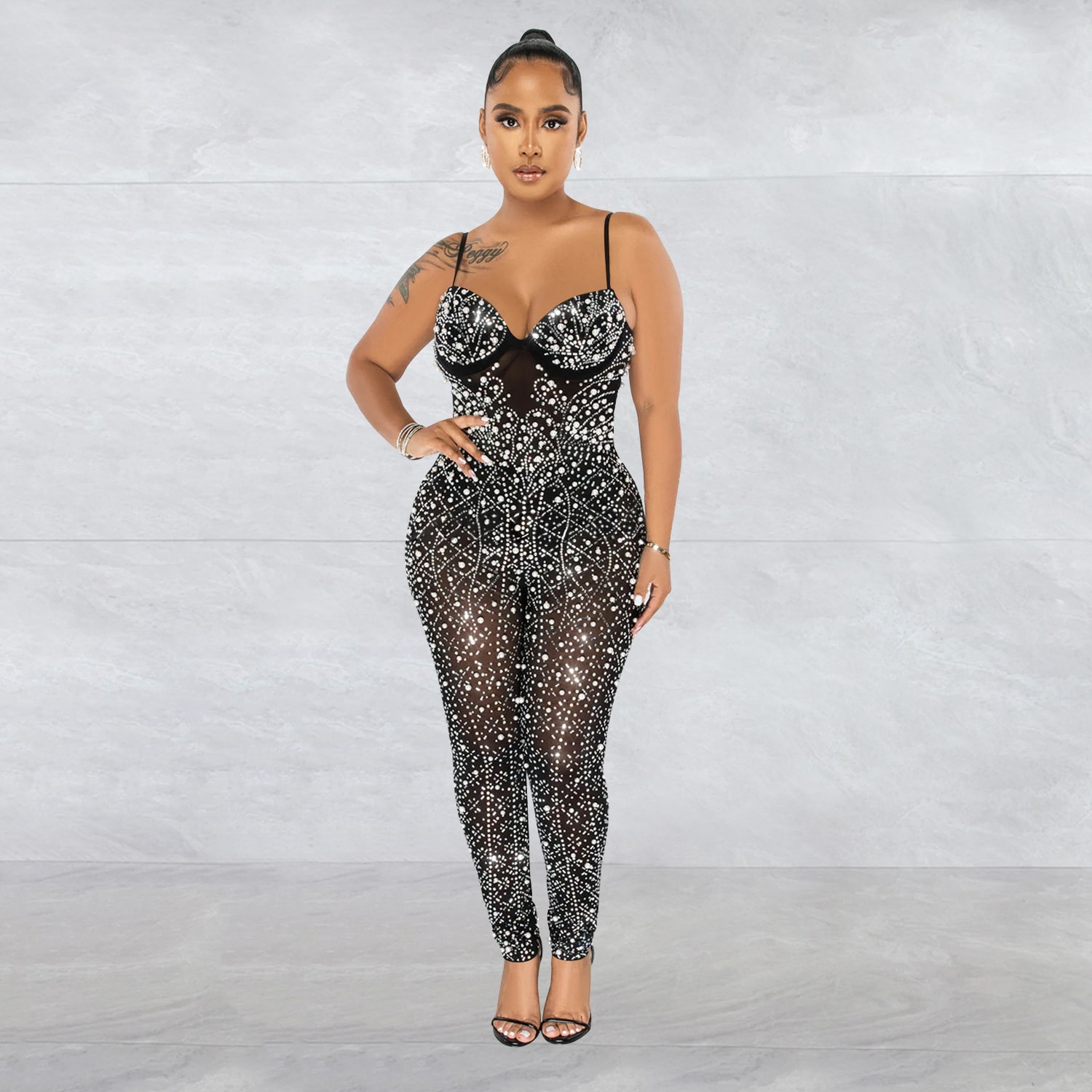 Women's Pure Color Mesh Rhinestone Sleeveless Trousers Jumpsuit view 6
