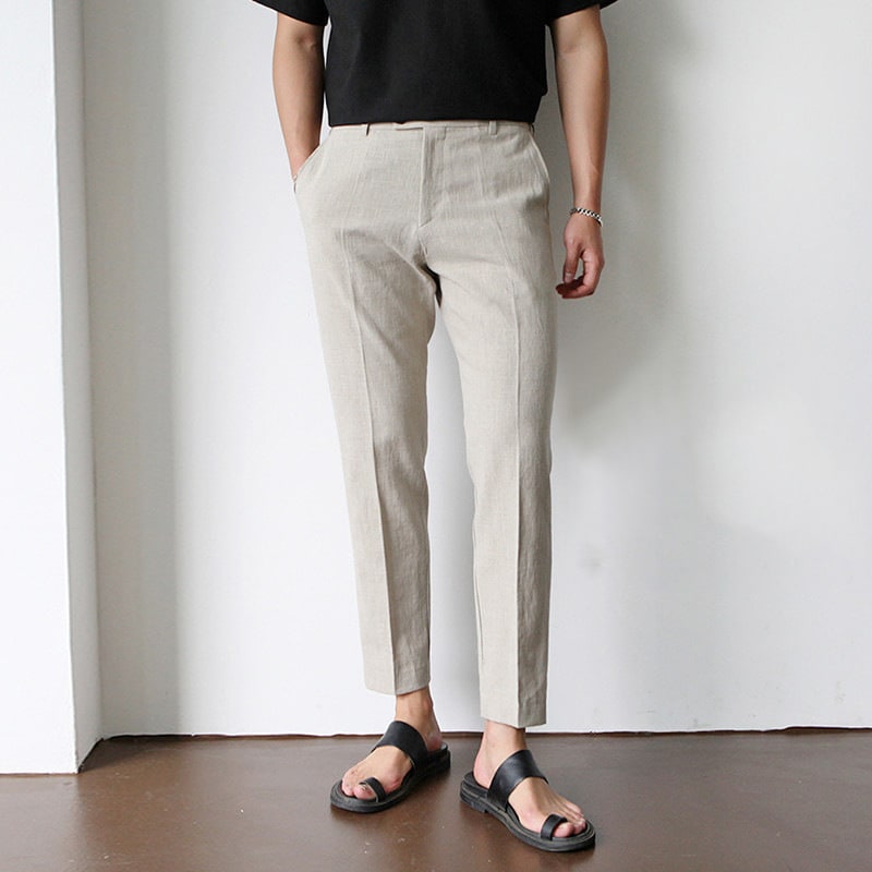 White For Men Cotton Fabric Cropped Linen Trousers view 7
