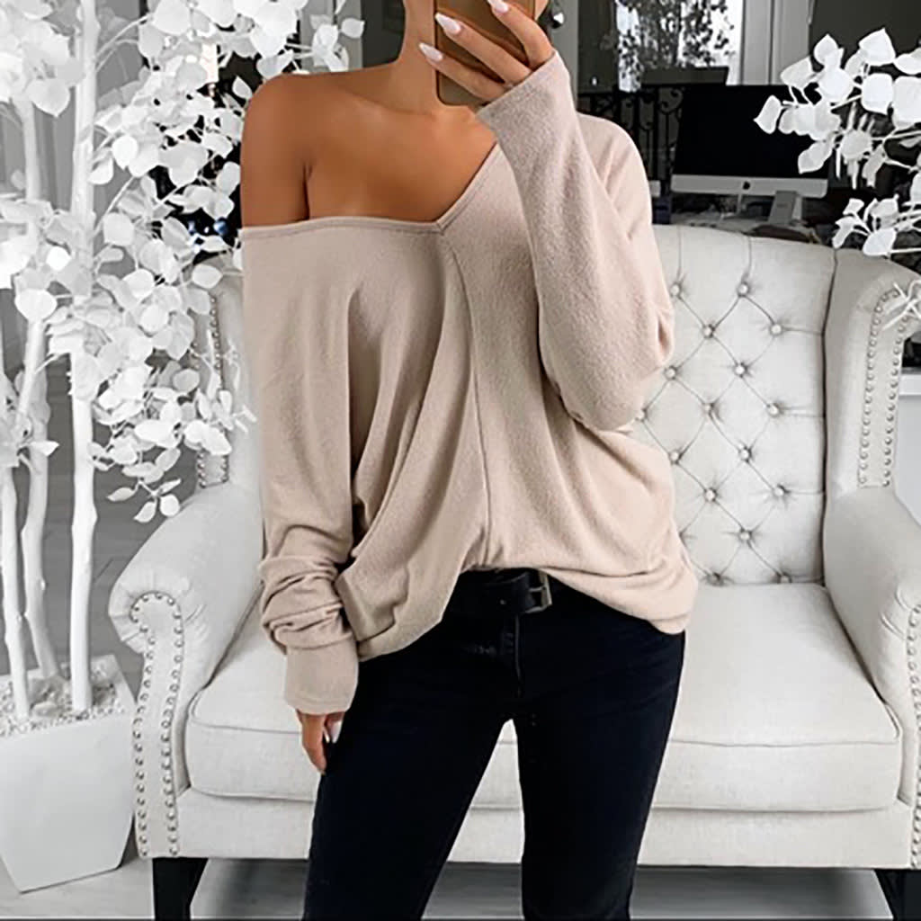 V-neck Lapsed Sleeves Loose Long-sleeved Top T-shirt For Women view 10
