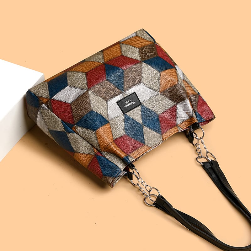 Retro Geometric Pattern Color-matching Shoulder Bag Fashion Large Capacity Stitching Handbag For Women Totes view 12