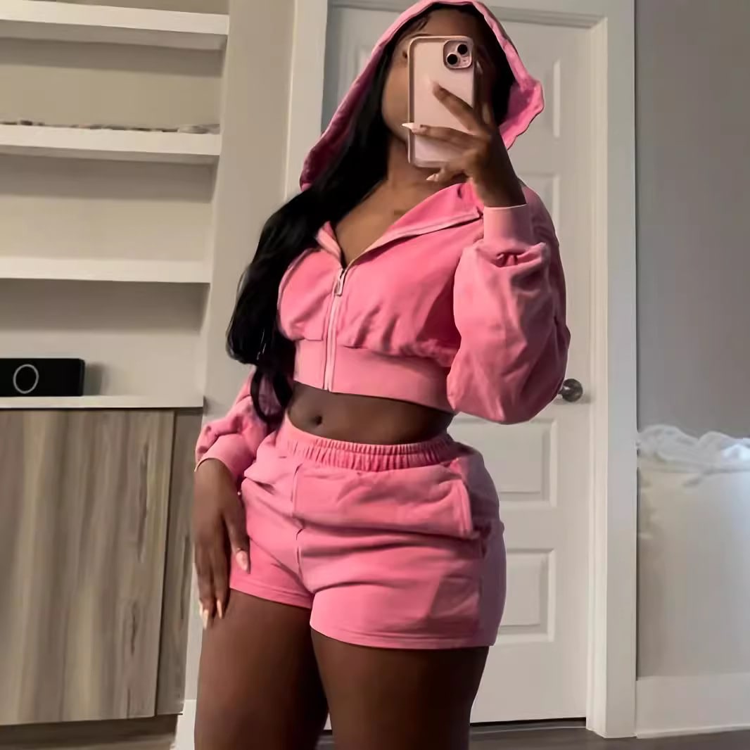 Autumn And Winter Zipper Hooded Long Sleeve Shorts Sweater Suit view 2