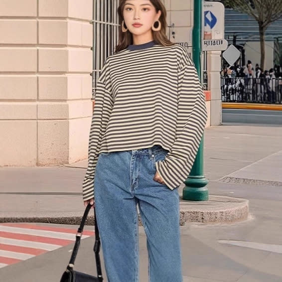 Casual Loose All-match Retro Contrast Color Striped Long-sleeved Top view 5