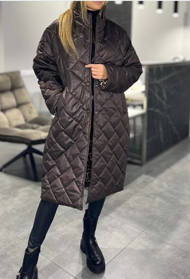 Winter Rhombus Stitching Coat Warm Solid Color Pocket Lapel Long Jacket Women's Clothing view 11