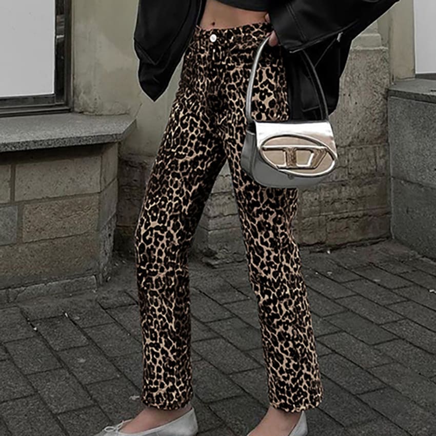 Leopard Print High Waist Straight Pants Retro Smart Trousers Women view 3