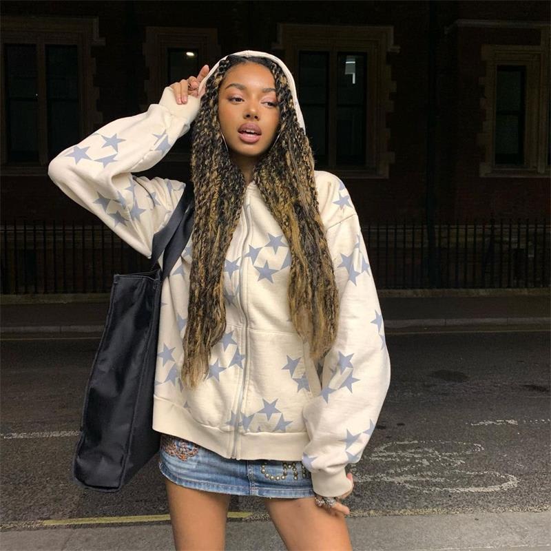 Stars Printed Zipper Hooded Cardigan Couple Fashion Outerwear Hoodies Sweatshirt Street Men Women Coat view 7