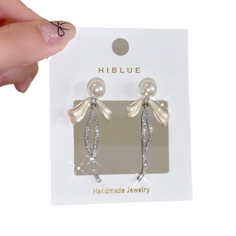Navy Blue Tassel Long Bow Tie Female Stud Earrings view 3