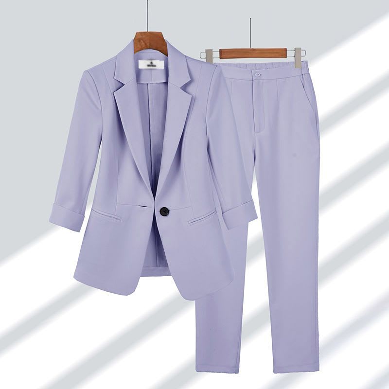 2pcs Casual Blazer Set Solid Color Lapel Single-breasted Jacket And Zipper Straight Pants Women's Office Business Suit view 5