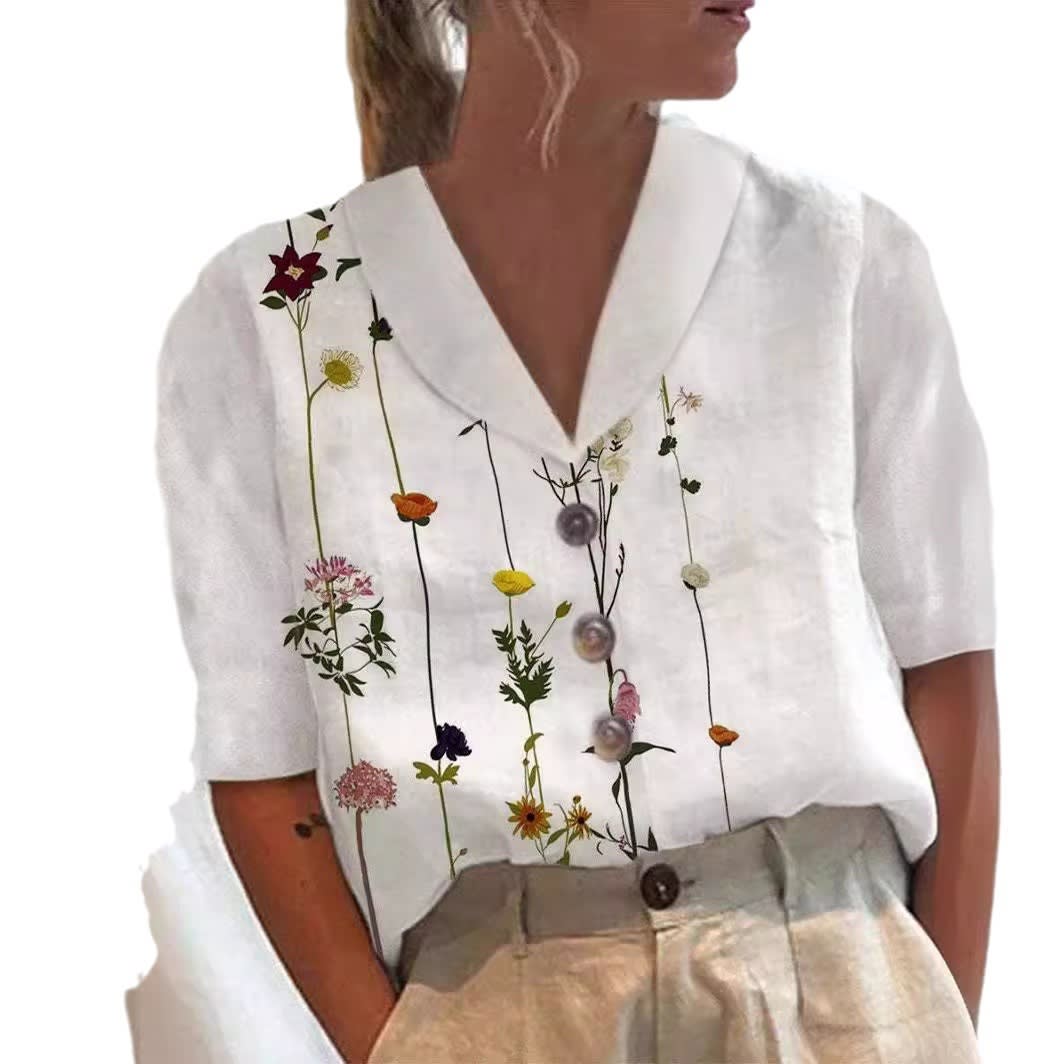 Women's Stand Collar Button Casual Half-sleeve Cotton And Linen Printed Short-sleeved Shirt view 12