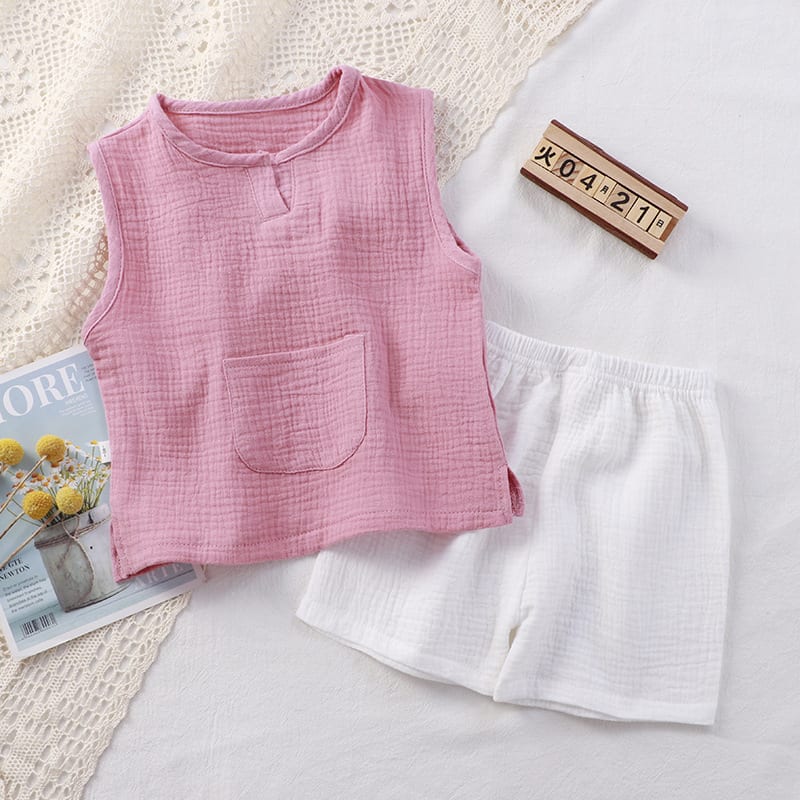 Children Two-piece Cotton Solid Color Double-layer Yarn Vest Short Home Pajamas view 4