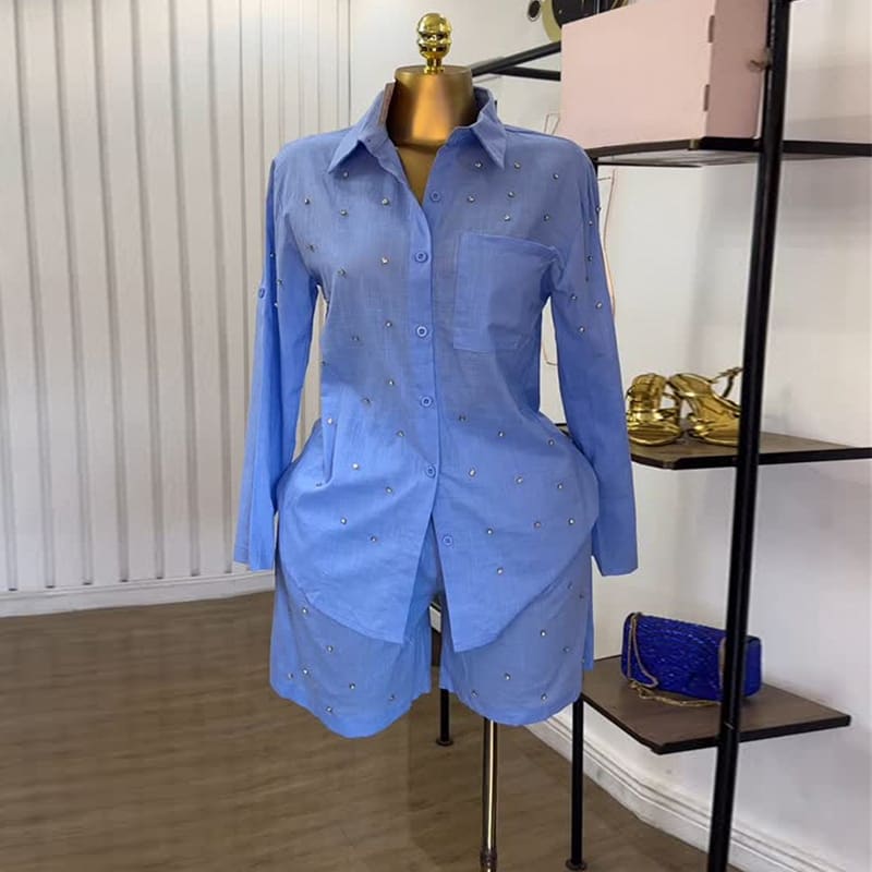 Lapel Beaded Slim-fit Long-sleeved Shirt Shorts Suit view 6