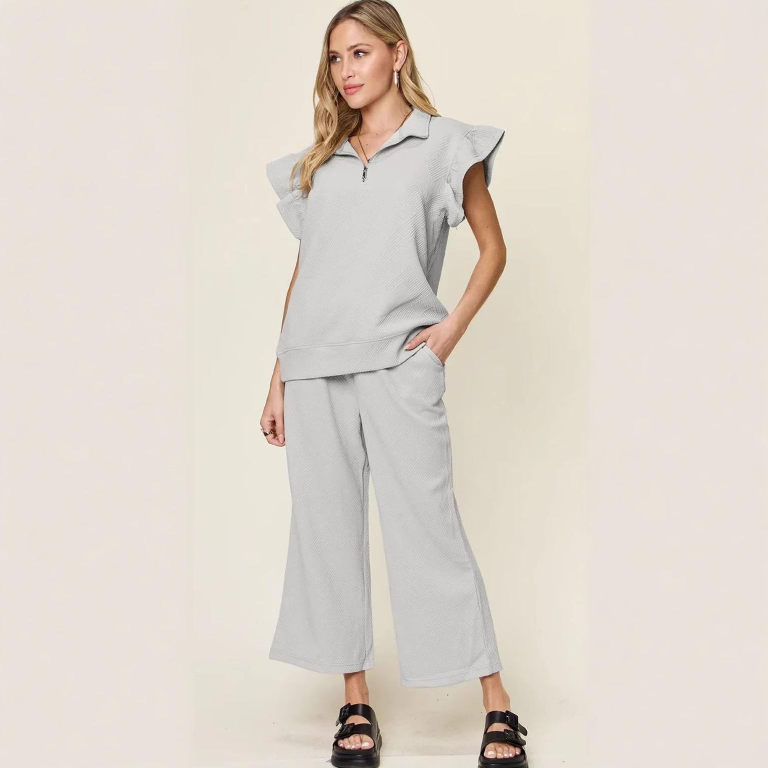 Women's Half Zip Short Sleeve Top Waist Strap Stretch Waist Pocket Shorts view 10