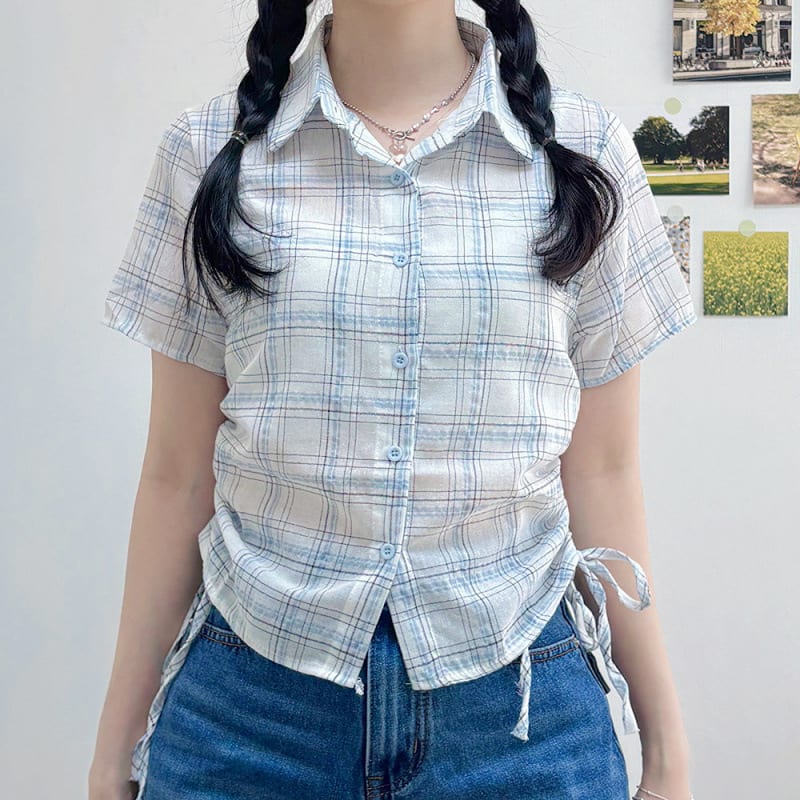 Retro Elegant Hem Pleating Short Sleeve Plaid Shirt view 1