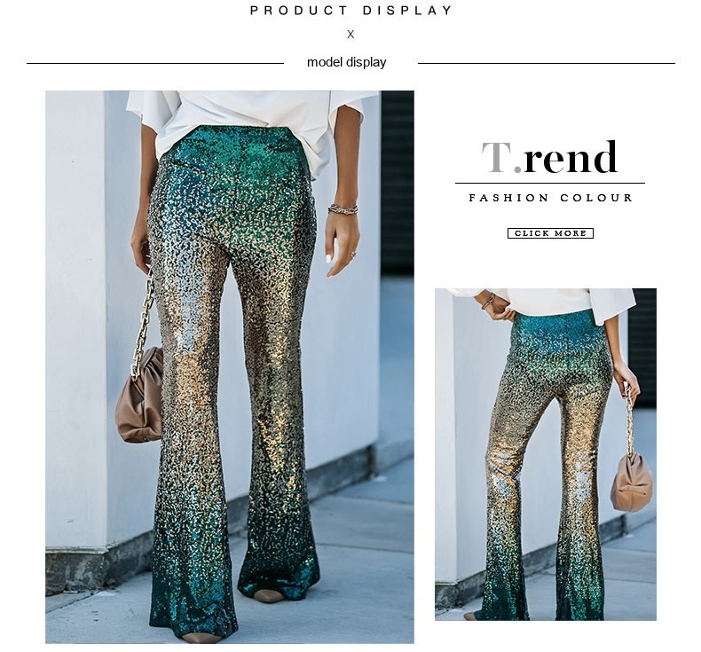 Gradient Color Wide Leg European And American High Waist Slim-fit Sequined Flared Pants view 10