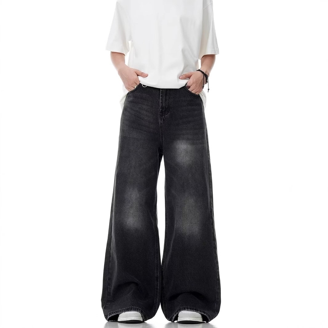 Washed Distressed Straight Loose Retro Black Jeans view 4