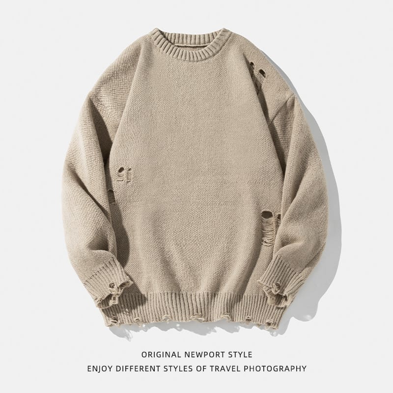 Retro Hollow-out Ripped Design Round Neck Sweater view 8