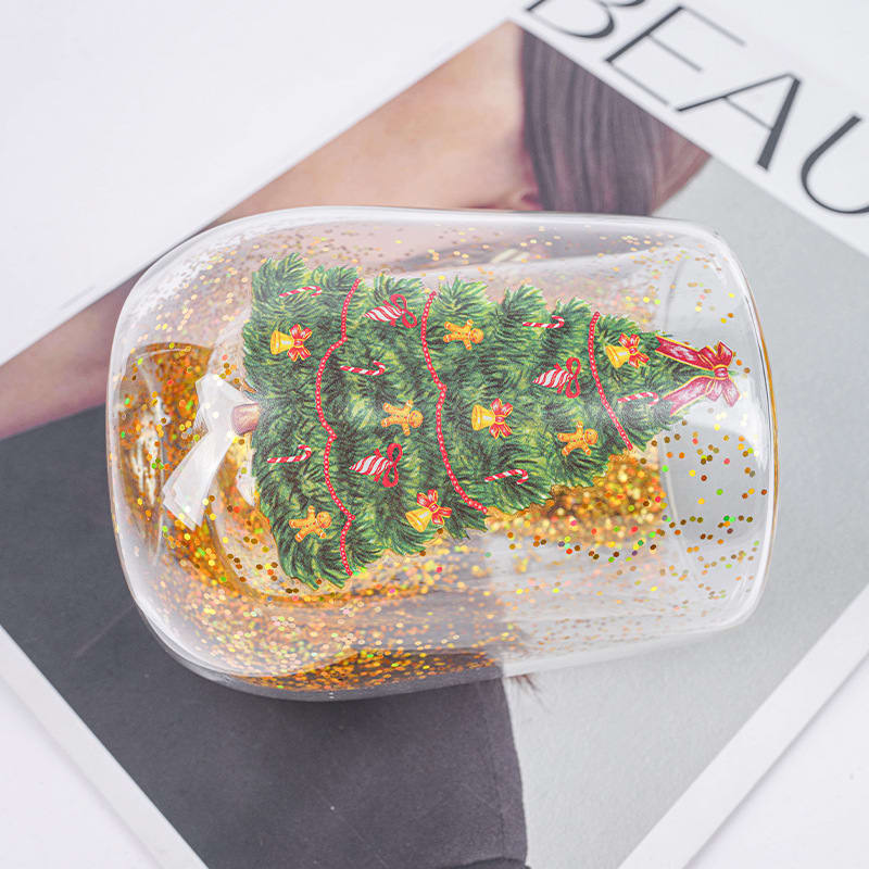 Christmas Tree Cups Heat Resistant Double Layer Flowing Sequins Christmas Cup Household Handwork Cartoon Christmas Trees Tumbler Kitchen Gadgets view 6