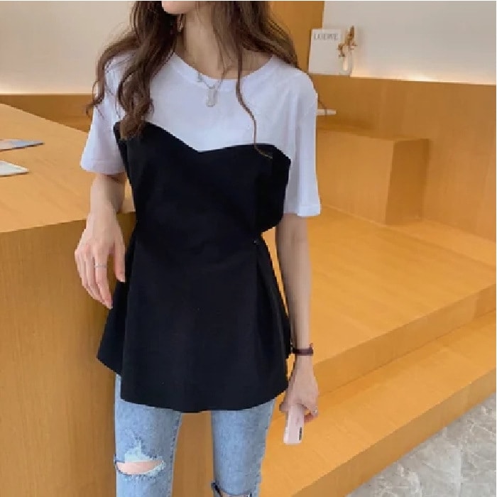 All-matching Graceful Fake Two-piece Mid-length Short-sleeved T-shirt view 2